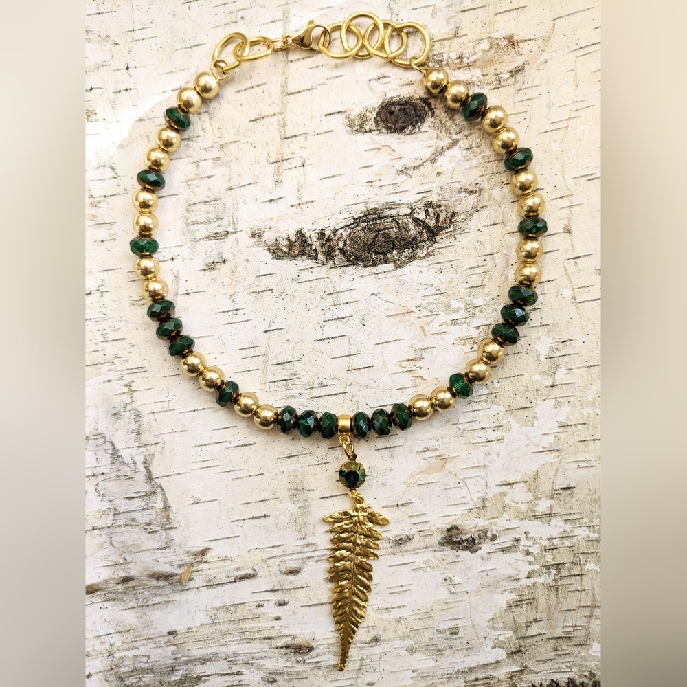 Dark Green Glass and Gold Beads in Gold Plated  Necklace With Fern Leaf  Pendant